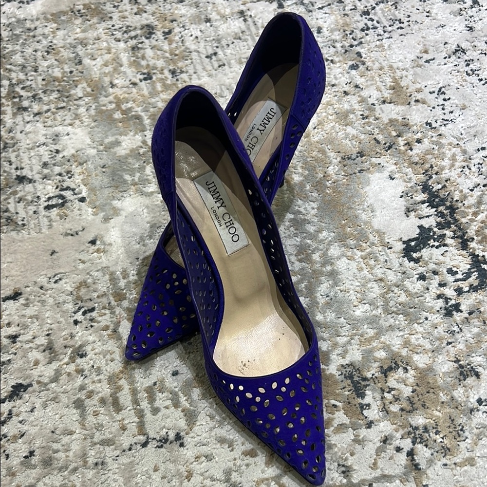 Jimmy Choo Purple Heels with Intricate Cutouts and High Stiletto Design